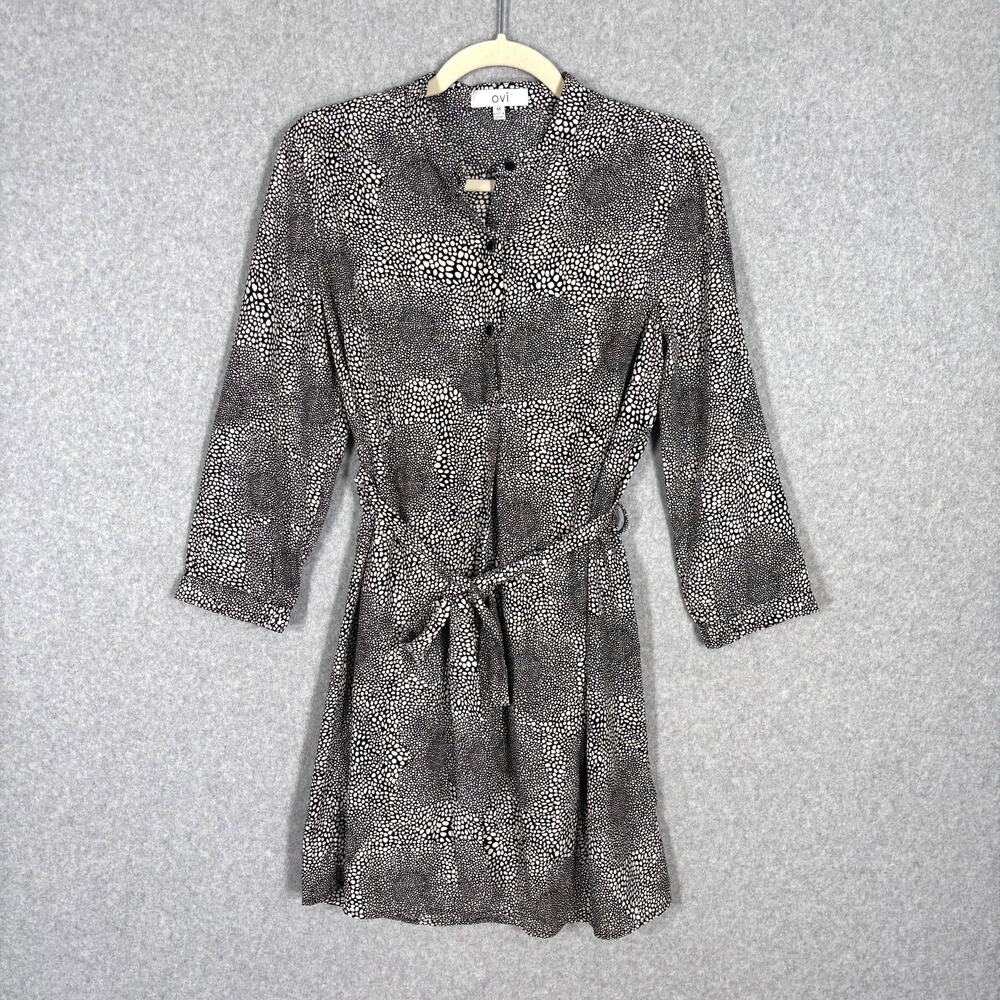 OVI Dress Medium Mini Black White Shirt‎ Belt Tie Abstract Floral Career Church